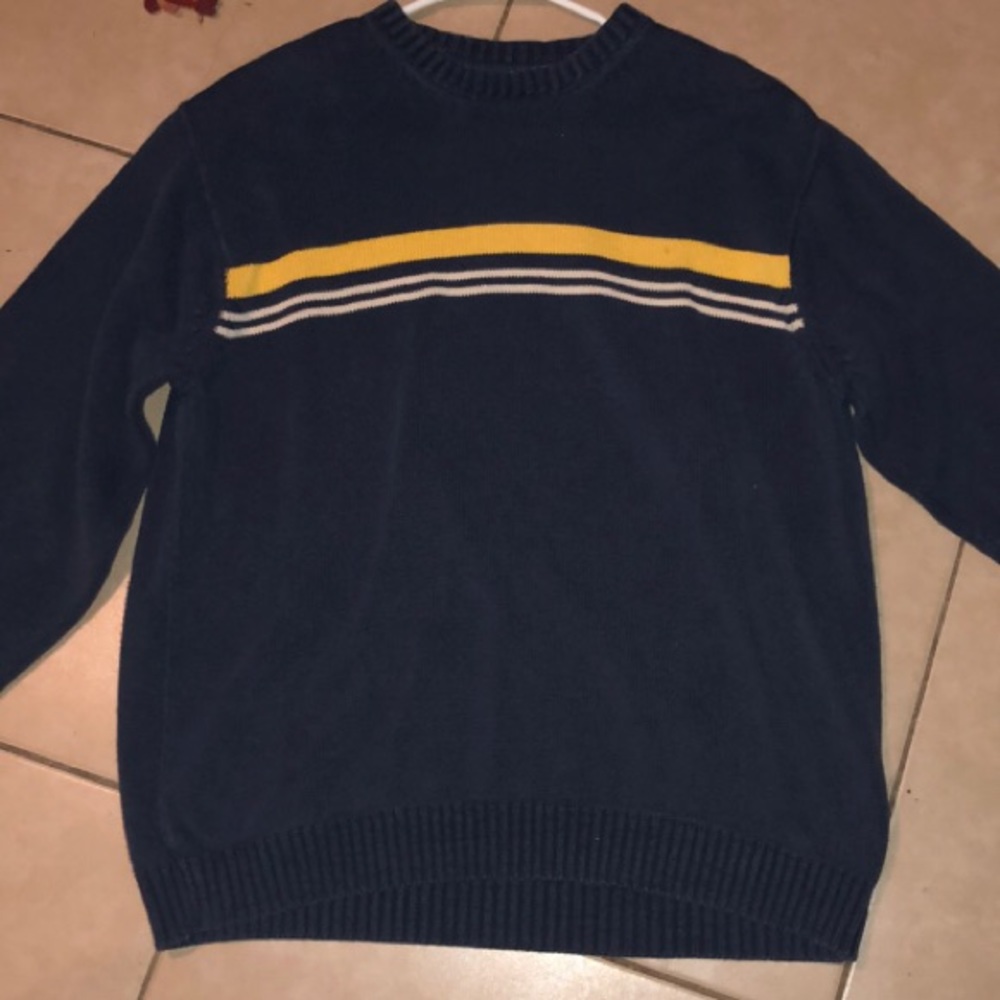 GAP factory, L, sweater, dark blue with yellow and white stripes
